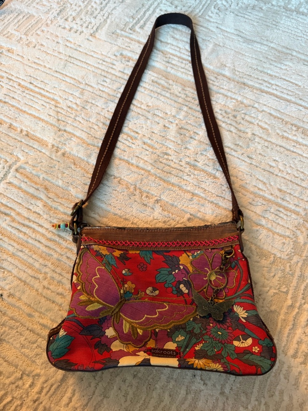 Sakroots Butterfly Floral Crossbody Bag Boho Canvas Embroidered Purse